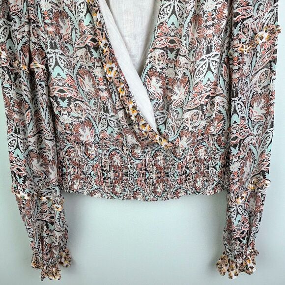 Anthropologie Ruffle Surplice Blouse Open Top Smocked Waist Floral Paisley Pt M - Picture 5 of 16